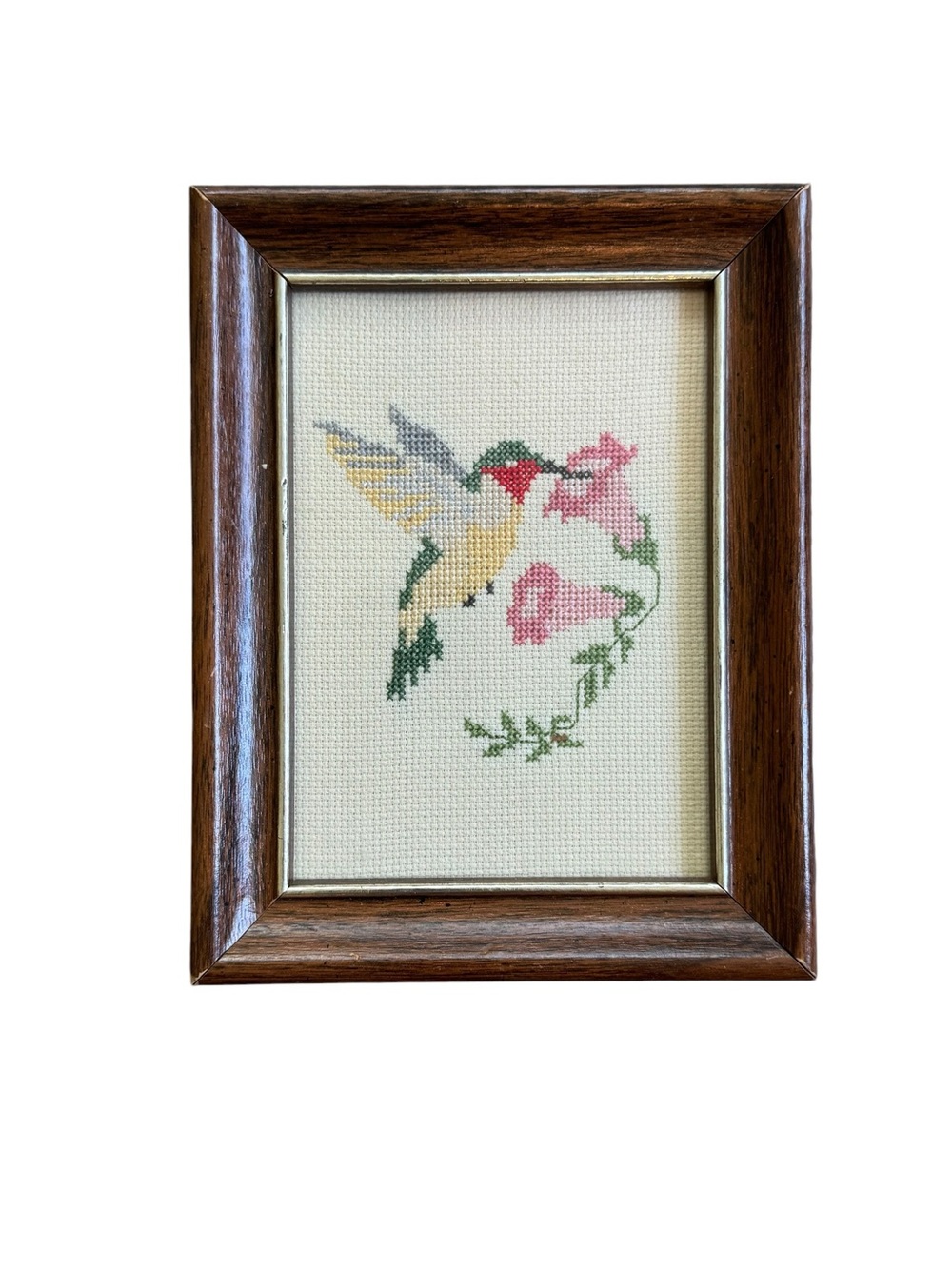 VTG Hummingbird And Flower Cross Stitch Completed Framed  8.5”X 6.75”